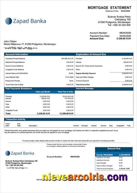 Montenegro Zapad banka AD mortgage statement Word and PDF template